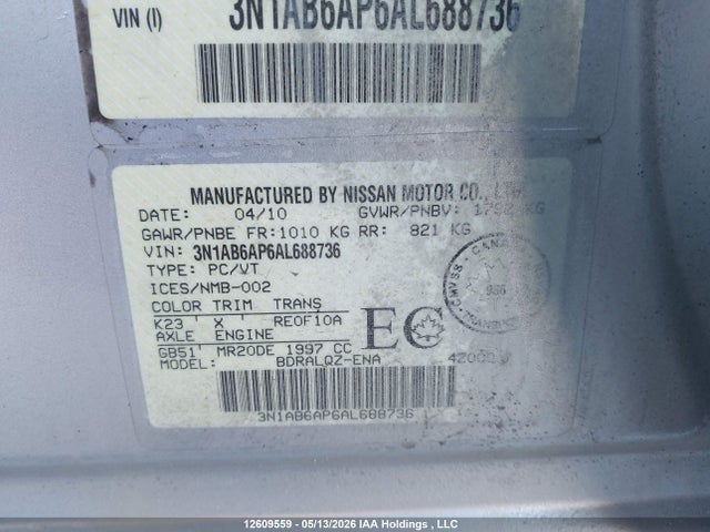 Aukcja sprzedaży 2010 Nissan Sentra 2.0/2.0s/sr/2.0sl, vin: 3N1AB6AP6AL688736, numer aukcji: 12609559