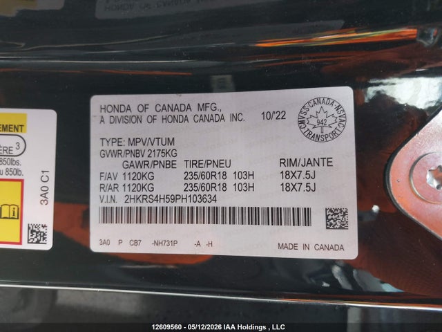 2023 Honda Cr-v Sport მანქანა იყიდება აუქციონზე, vin: 2HKRS4H59PH103634, აუქციონის ნომერი: 12609560