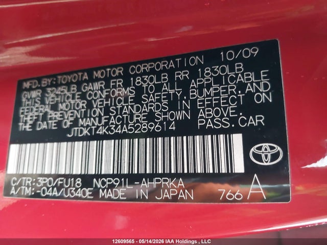 Aukcja sprzedaży 2010 Toyota Yaris, vin: JTDKT4K34A5289614, numer aukcji: 12609565