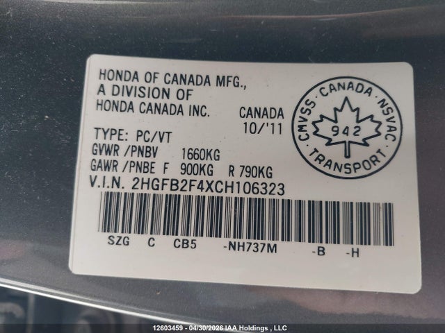 Продаж на аукціоні авто 2012 Honda Civic Lx, vin: 2HGFB2F4XCH106323, номер лоту: 12603459