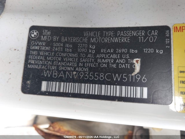 12609579 :رقم المزاد ، WBANV93558CW51196 vin ، 2008 Bmw 535 Xi مزاد بيع