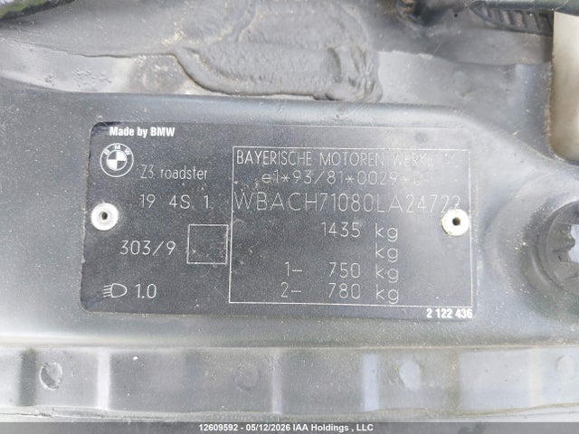 1997 Bmw Z3 1.9 მანქანა იყიდება აუქციონზე, vin: WBACH71080LA24722, აუქციონის ნომერი: 12609592