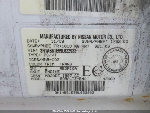 2009 Nissan Sentra მანქანა იყიდება აუქციონზე, vin: 3N1AB61E59L622933, აუქციონის ნომერი: 12609594
