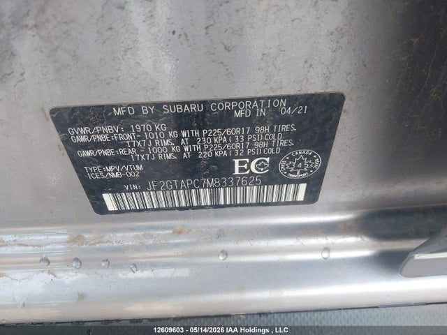 2021 Subaru Crosstrek Touring მანქანა იყიდება აუქციონზე, vin: JF2GTAPC7M8337625, აუქციონის ნომერი: 12609603