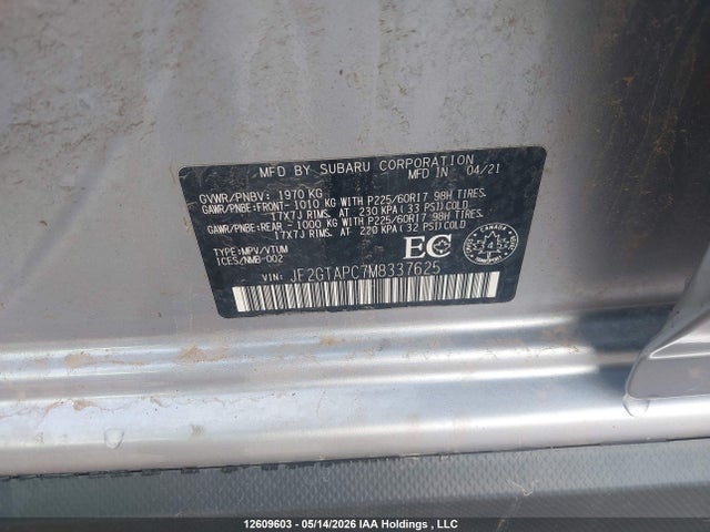2021 Subaru Crosstrek Touring მანქანა იყიდება აუქციონზე, vin: JF2GTAPC7M8337625, აუქციონის ნომერი: 12609603