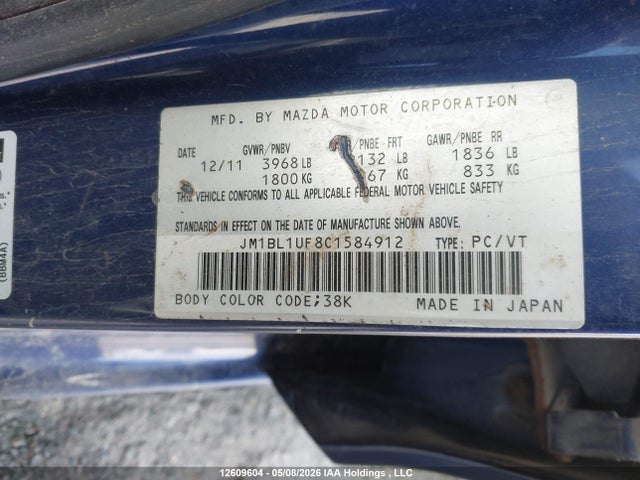 12609604 :رقم المزاد ، JM1BL1UF8C1584912 vin ، 2012 Mazda Mazda3 Gx مزاد بيع