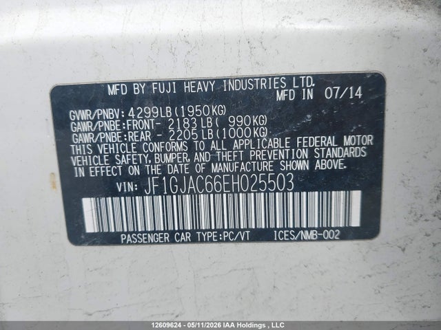 2014 Subaru Impreza 2.0i Touring Package მანქანა იყიდება აუქციონზე, vin: JF1GJAC66EH025503, აუქციონის ნომერი: 12609624