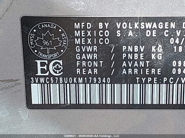3VWC57BU0KM179340 Volkswagen Jetta
