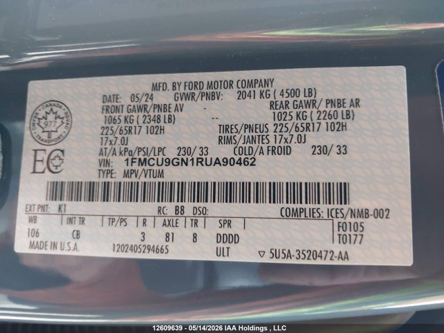 2024 Ford Escape მანქანა იყიდება აუქციონზე, vin: 1FMCU9GN1RUA90462, აუქციონის ნომერი: 12609639