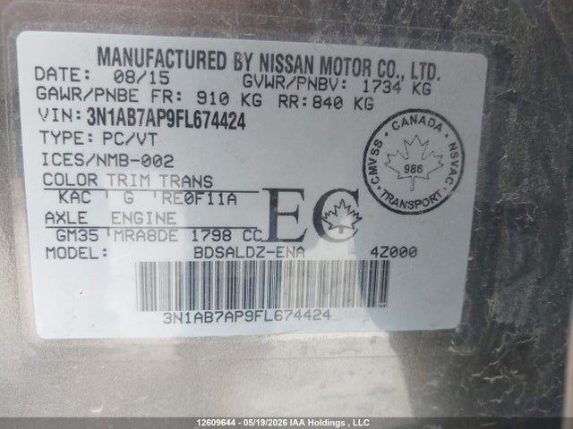 3N1AB7AP9FL674424 Nissan Sentra S/sv/sr/sl