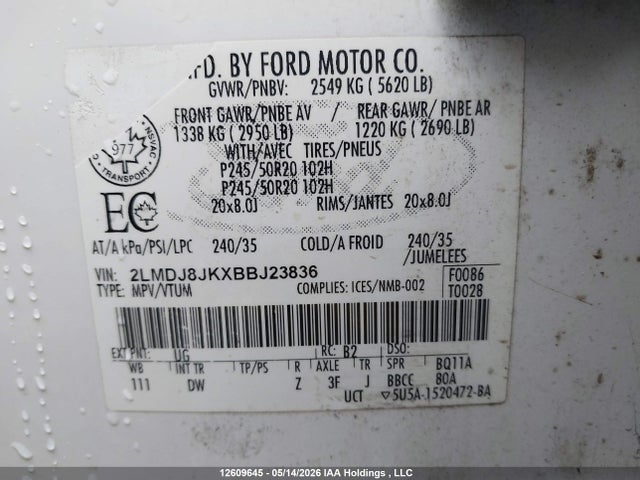 Aukcja sprzedaży 2011 Lincoln Mkx, vin: 2LMDJ8JKXBBJ23836, numer aukcji: 12609645