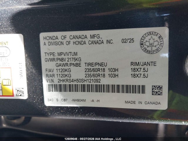 Продаж на аукціоні авто 2025 Honda Cr-v Sport, vin: 2HKRS4H50SH121092, номер лоту: 12609646