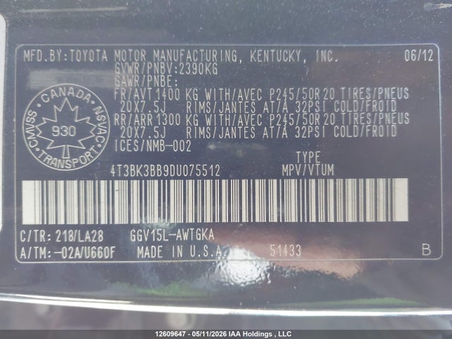 Aukcja sprzedaży 2013 Toyota Venza Le/xle/limited, vin: 4T3BK3BB9DU075512, numer aukcji: 12609647