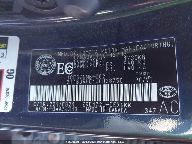 Продаж на аукціоні авто 2018 Toyota Corolla Le, vin: 2T1BURHE4JC028750, номер лоту: 12609650