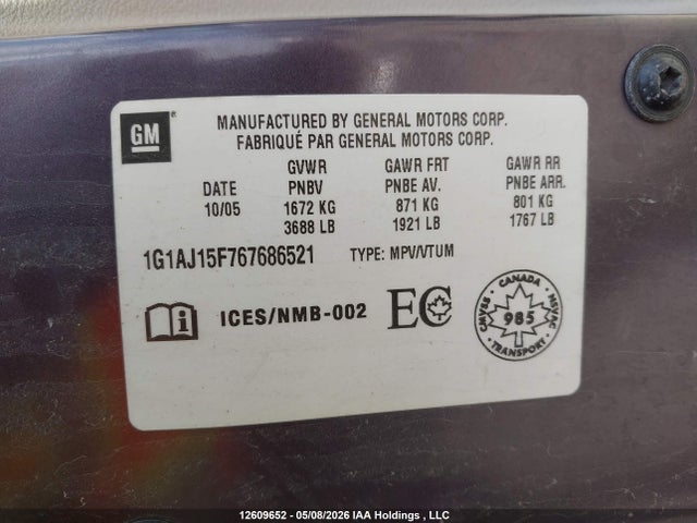 2006 Chevrolet Cobalt Ls მანქანა იყიდება აუქციონზე, vin: 1G1AJ15F767686521, აუქციონის ნომერი: 12609652