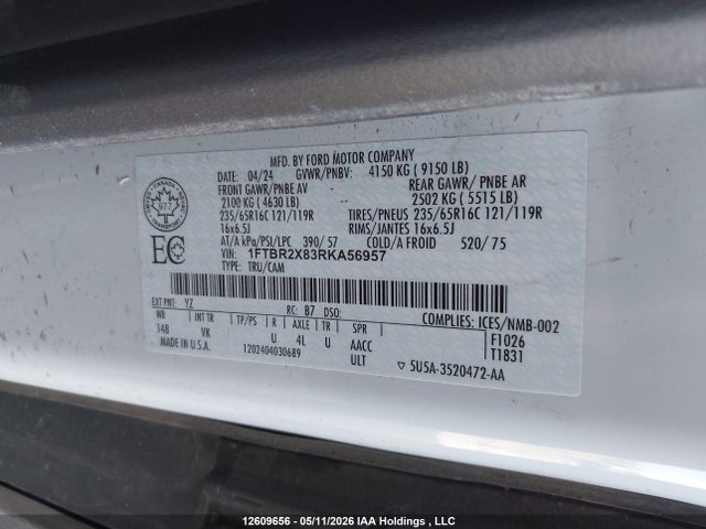 Aukcja sprzedaży 2024 Ford Transit T-250, vin: 1FTBR2X83RKA56957, numer aukcji: 12609656