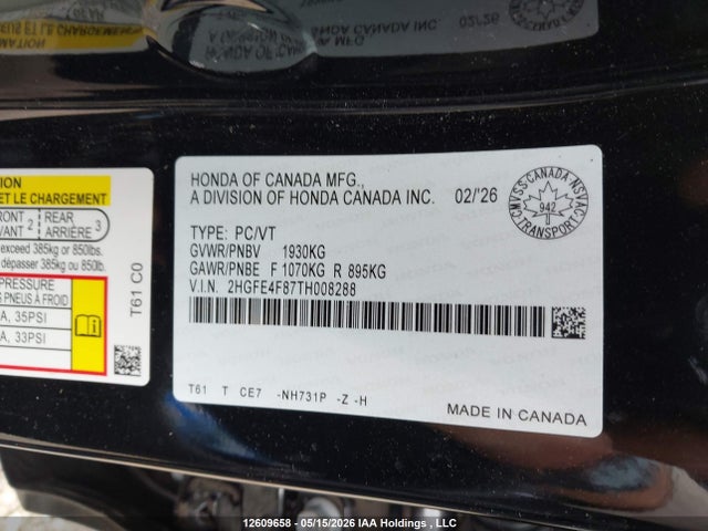 12609658 :رقم المزاد ، 2HGFE4F87TH008288 vin ، 2026 Honda Civic Sport Hybrid/sport Touring Hybrid مزاد بيع