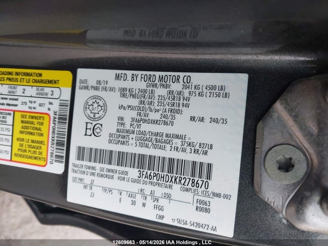 12609663 :رقم المزاد ، 3FA6P0HDXKR278670 vin ، 2019 Ford Fusion مزاد بيع