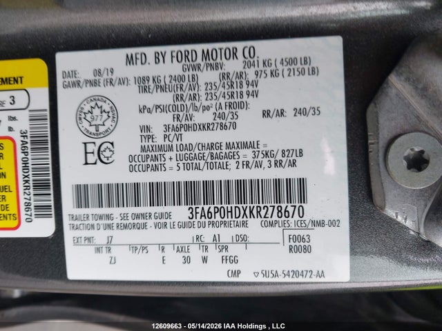 12609663 :رقم المزاد ، 3FA6P0HDXKR278670 vin ، 2019 Ford Fusion مزاد بيع