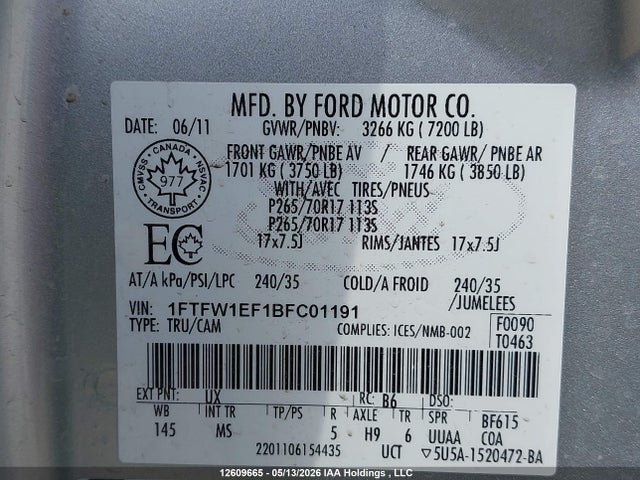 12609665 :رقم المزاد ، 1FTFW1EF1BFC01191 vin ، 2011 Ford F-150 Xlt مزاد بيع