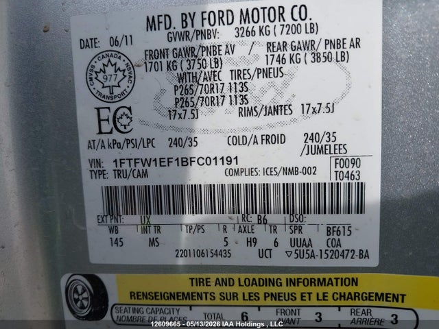 12609665 :رقم المزاد ، 1FTFW1EF1BFC01191 vin ، 2011 Ford F-150 Xlt مزاد بيع