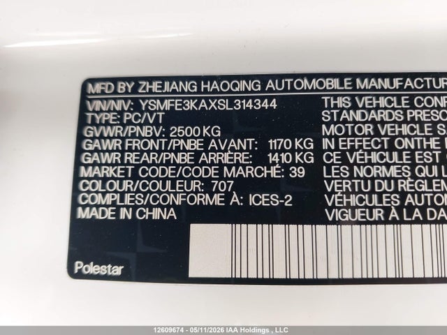 Продажа на аукционе авто 2025 Polestar 2 Long Range Single Motor, vin: YSMFE3KAXSL314344, номер лота: 12609674