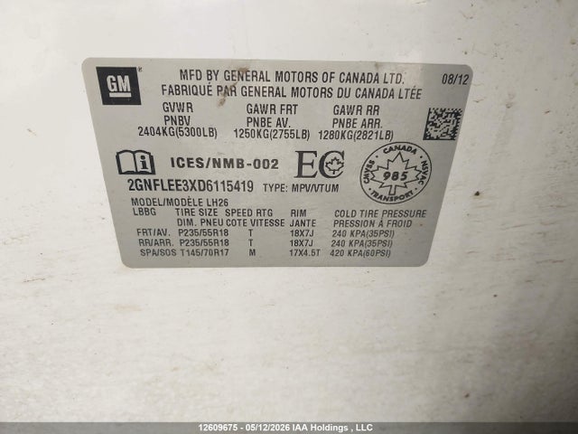 12609675 :رقم المزاد ، 2GNFLEE3XD6115419 vin ، 2013 Chevrolet Equinox 1lt مزاد بيع