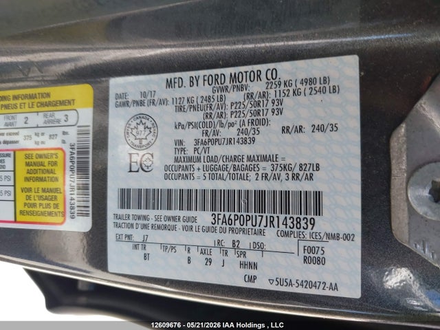 Aukcja sprzedaży 2018 Ford Fusion, vin: 3FA6P0PU7JR143839, numer aukcji: 12609676