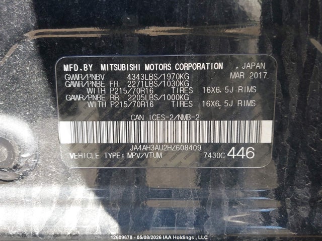 Aukcja sprzedaży 2017 Mitsubishi Rvr Se/es, vin: JA4AH3AU2HZ608409, numer aukcji: 12609678