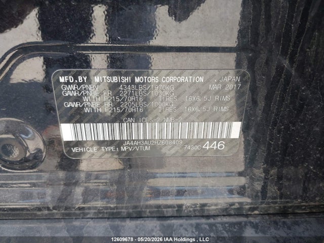 Aukcja sprzedaży 2017 Mitsubishi Rvr Se/es, vin: JA4AH3AU2HZ608409, numer aukcji: 12609678