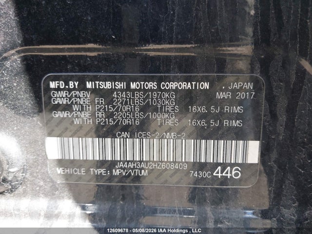 Aukcja sprzedaży 2017 Mitsubishi Rvr Se/es, vin: JA4AH3AU2HZ608409, numer aukcji: 12609678