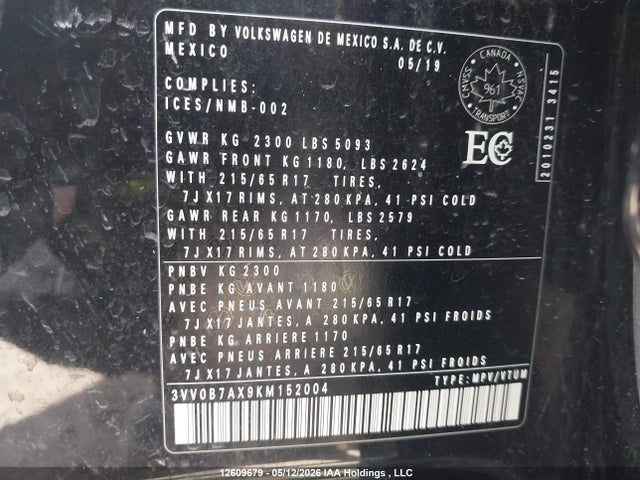 2019 Volkswagen Tiguan S მანქანა იყიდება აუქციონზე, vin: 3VV0B7AX9KM152004, აუქციონის ნომერი: 12609679