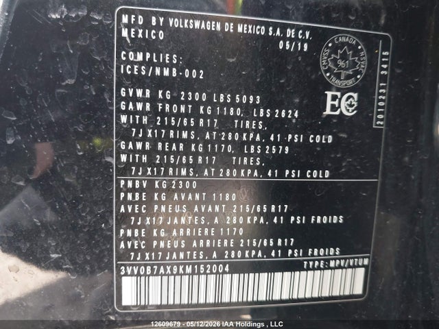 2019 Volkswagen Tiguan S მანქანა იყიდება აუქციონზე, vin: 3VV0B7AX9KM152004, აუქციონის ნომერი: 12609679
