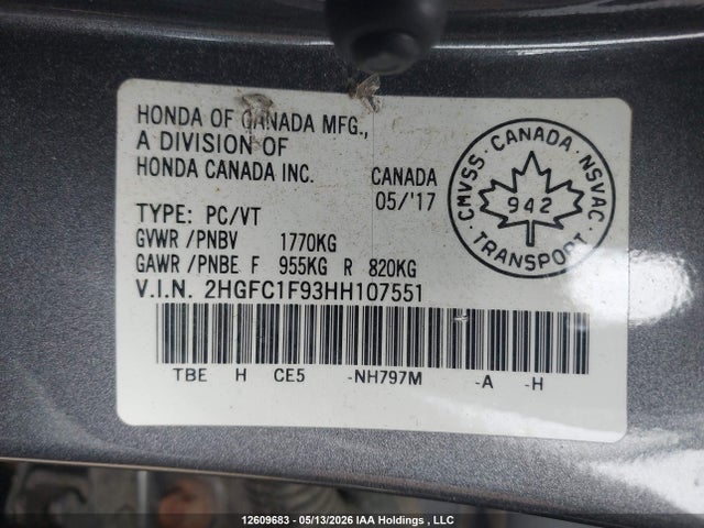 12609683 :رقم المزاد ، 2HGFC1F93HH107551 vin ، 2017 Honda Civic Touring مزاد بيع