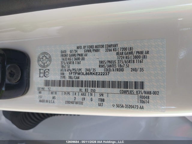 Aukcja sprzedaży 2024 Ford F150 Xlt, vin: 1FTFW3L86RKE22237, numer aukcji: 12609684