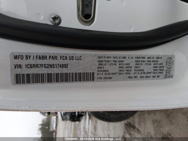 Aukcja sprzedaży 2022 Ram 1500 Classic Tradesman, vin: 1C6RR7FG2NS174892, numer aukcji: 12609685