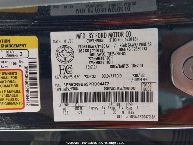 12609686 :رقم المزاد ، 3FMCR9B65PRD04472 vin ، 2023 Ford Bronco Sport Big Bend مزاد بيع