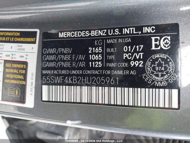 Aukcja sprzedaży 2017 Mercedes-benz C-class, vin: 55SWF4KB2HU205961, numer aukcji: 12609698