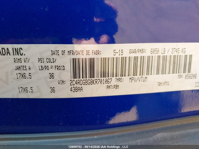 Aukcja sprzedaży 2019 Dodge Grand Caravan Cvp/sxt, vin: 2C4RDGBG8KR701067, numer aukcji: 12609702