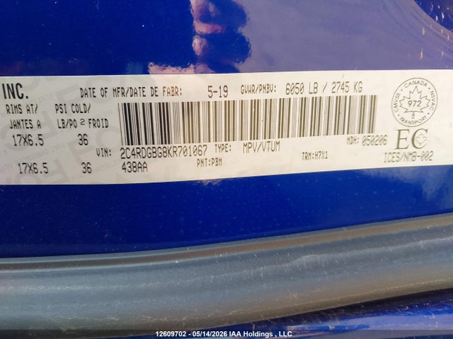 Aukcja sprzedaży 2019 Dodge Grand Caravan Cvp/sxt, vin: 2C4RDGBG8KR701067, numer aukcji: 12609702