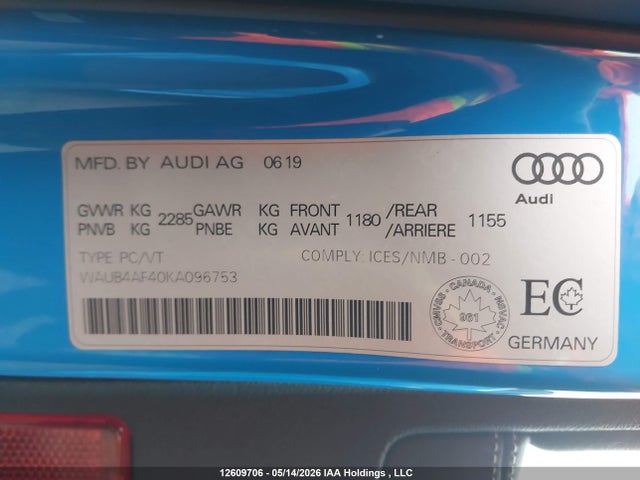 2019 Audi S4 Premium Plus მანქანა იყიდება აუქციონზე, vin: WAUB4AF40KA096753, აუქციონის ნომერი: 12609706