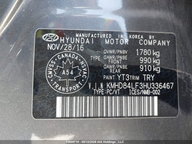 KMHD84LF3HU336467 Hyundai ELANTRA GL