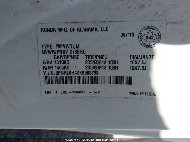 5FNRL6H42KB503798 Honda Odyssey