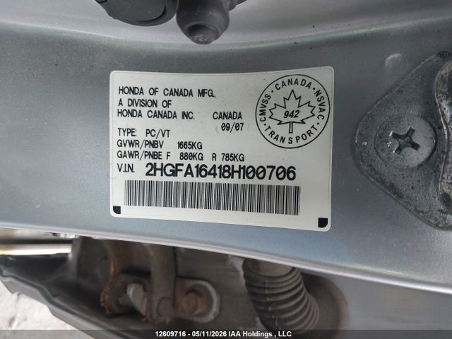 Продаж на аукціоні авто 2008 Honda Civic Dx-g, vin: 2HGFA16418H100706, номер лоту: 12609716