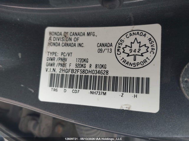 12609721 :رقم المزاد ، 2HGFB2F58DH034628 vin ، 2013 Honda Civic مزاد بيع