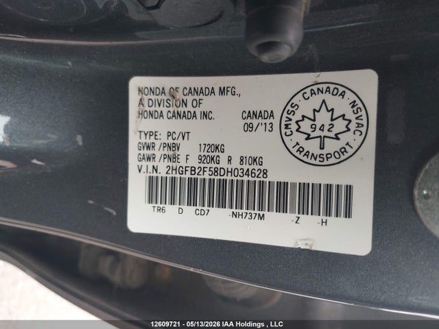 12609721 :رقم المزاد ، 2HGFB2F58DH034628 vin ، 2013 Honda Civic مزاد بيع