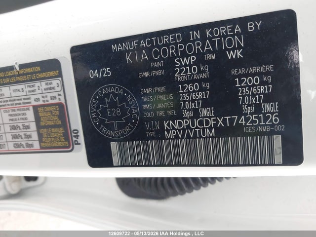Aukcja sprzedaży 2026 Kia Sportage, vin: KNDPUCDFXT7425126, numer aukcji: 12609722