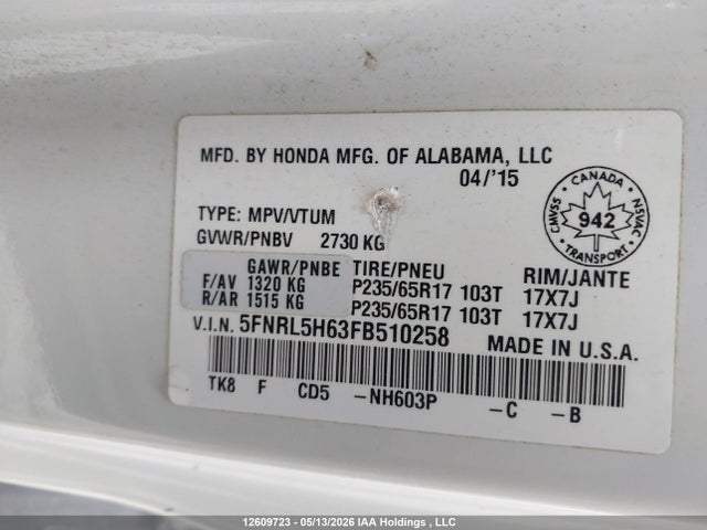12609723 :رقم المزاد ، 5FNRL5H63FB510258 vin ، 2015 Honda Odyssey Exl مزاد بيع