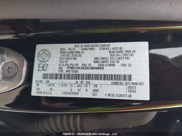 Продаж на аукціоні авто 2025 Ford Escape Platinum, vin: 1FMCU9JA2SUB06860, номер лоту: 12609727