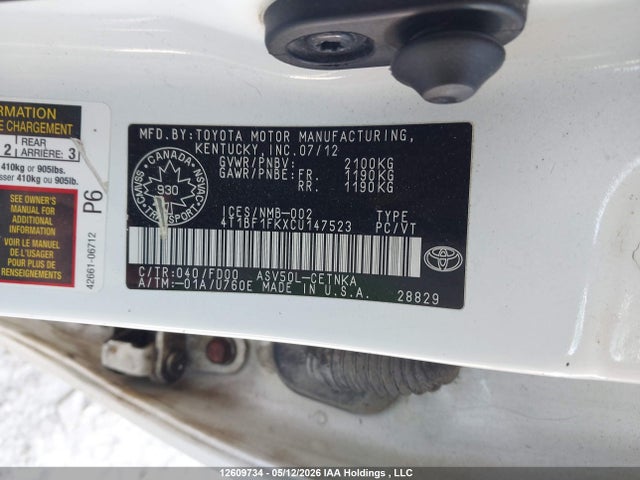 12609734 :رقم المزاد ، 4T1BF1FKXCU147523 vin ، 2012 Toyota Camry Se/le/xle مزاد بيع